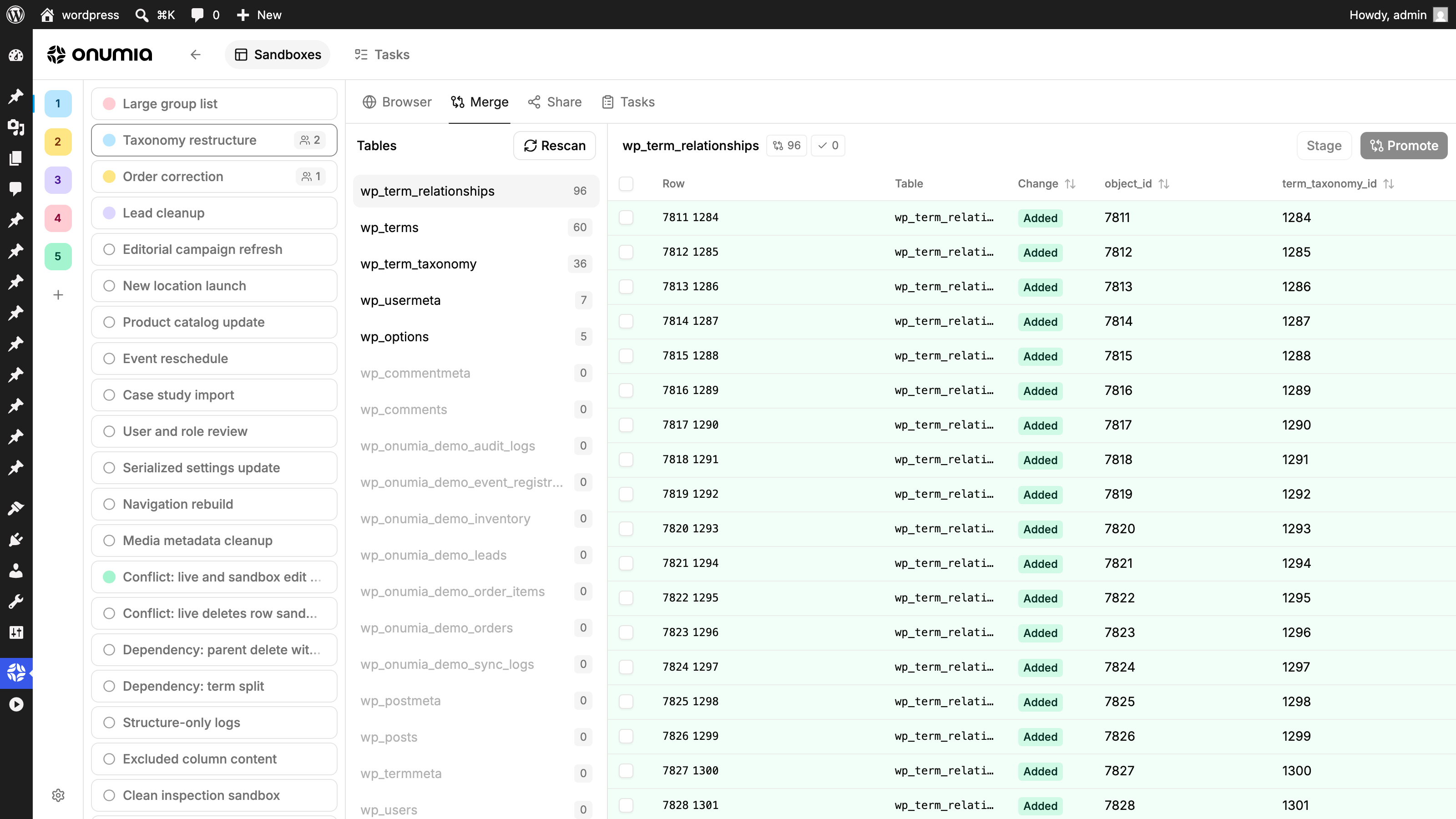 Visual merge review and staging